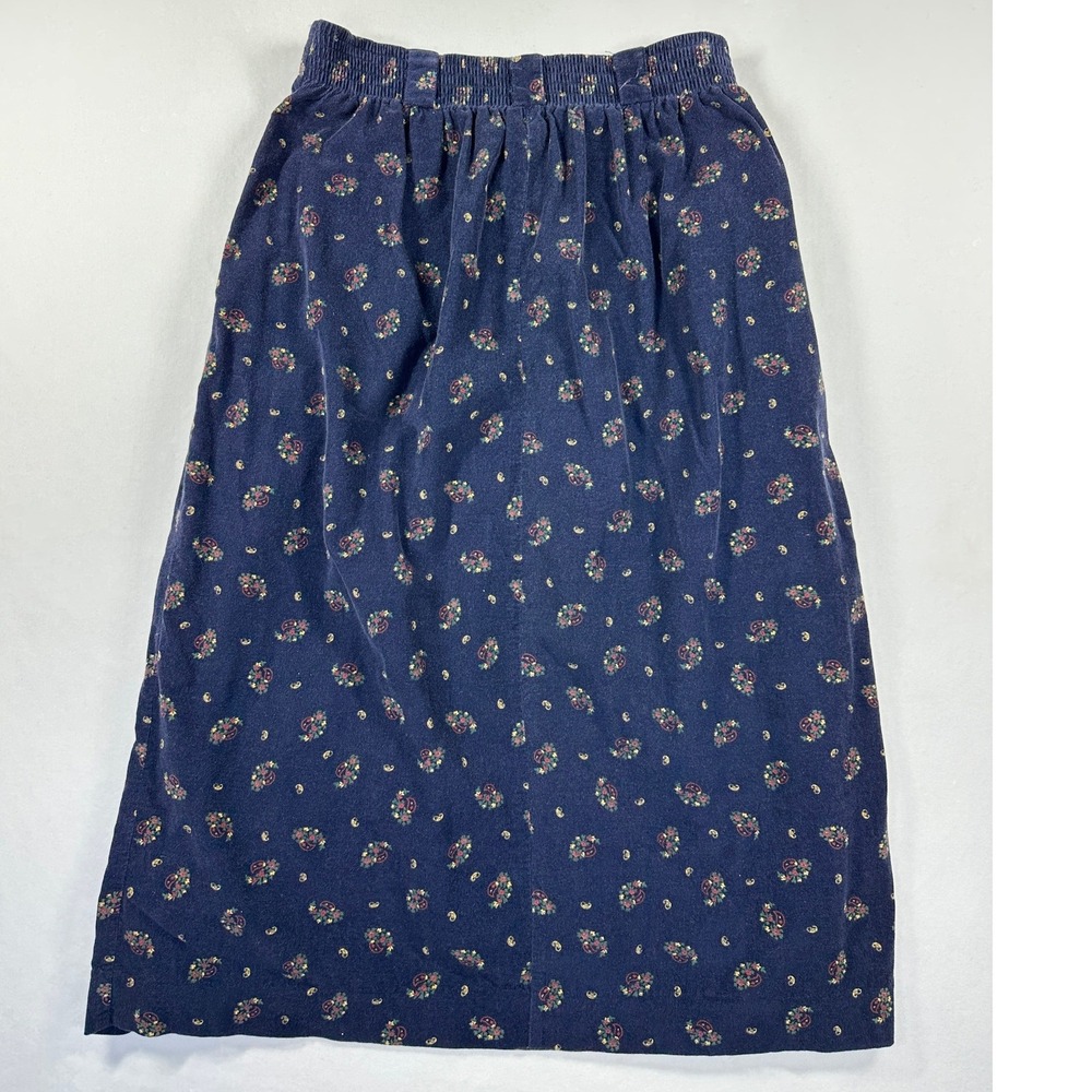 Vintage 80s Lands End‎ Corduroy Midi Skirt Sz 12 Navy Blue Paisley Pleated USA - Picture 3 of 9
